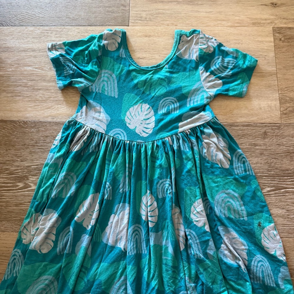 Sweet Honey Hawaii Monstera and Rainbow Teal Kids Dress